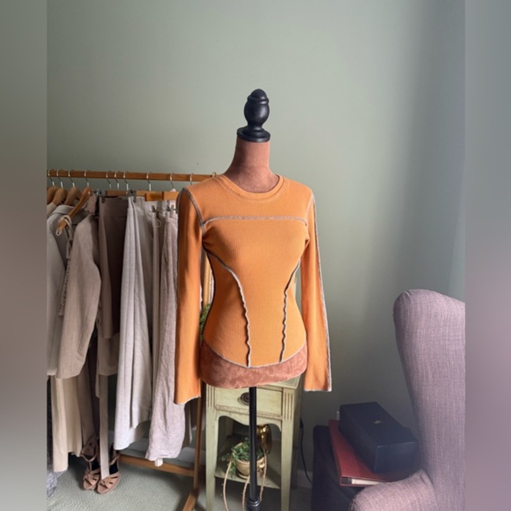 Urban Outfitters Orange Long Sleeve Waffle Top With Blue Accents